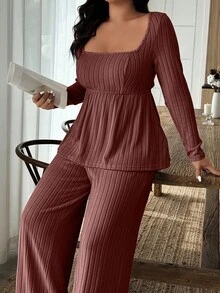 Weeklong 女士加大码毛绒面料宽松领上衣，保暖休闲两件套，秋冬款 - 棕色 - 查看 3