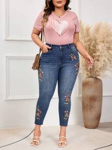 EMERY ROSE Valentine Plus Size Women Vintage Embroidered Washed Denim Jeans, Autumn/Winter - Medium Wash - View 4