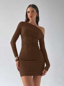 Aloruh Women's Solid Color Christmas Party Mesh Bodycon Mini Red Dress - Coffee Brown - View 7