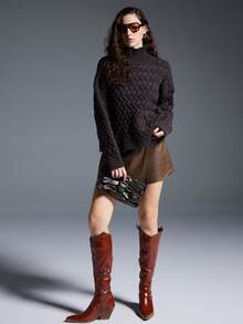 MYSTAURA Sweater Wanita Kasual Warna Polos dengan Kerah Tegak, Musim Gugur/Dingin - Dark Grey - View 3