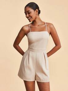 Travachic 夏季性感吊带花卉蕾丝边露背连体衣 - 杏色 - 查看 5