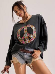 Freevana Áo thun tay dài dáng rộng, vai rớt, chất liệu vải mài, phong cách đường phố, nghỉ dưỡng, thời trang nữ mùa xuân/thu, họa tiết biểu tượng hòa bình và hoa, thêu hoa văn. - Màu xám đen - Xem 6