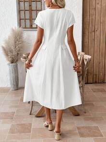 EMERY ROSE Đầm dài tay ngắn cổ chữ V màu trơn có túi thường ngày dành cho nữ - trắng - Xem 4
