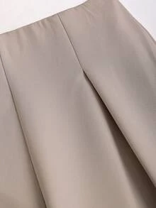 SHEIN Clasi Quần ống rộng xếp ly cạp cao màu trơn cho nữ - Màu be - Xem 5