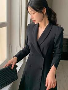 DAZY Đầm maxi nữ thanh lịch, trang nhã, đơn giản, đa năng, màu trơn, cổ shawl, cài cúc hai hàng, eo thon. - màu đen - Xem 7