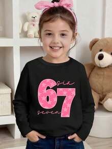 Young Girl Casual Funny "67" Number Print Long Sleeve Black T-Shirt, Comfortable Leisure For Spring And Autumn, Round Neck Long Sleeve T-Shirt With Six Seven Number Print - Black - View 5