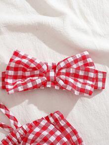 SHEIN Vintaside Kids 2件套女婴时尚可爱条纹露肩连体衣和发带套装，夏季派对 - 紅色 - 查看 4