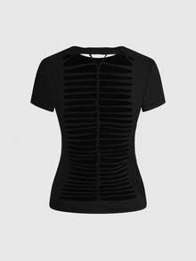 ROMWE J-Fashion Áo thun ôm sát in hình vương miện lá vàng dành cho nữ - màu đen - Xem 2