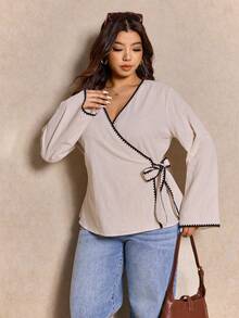 Elaquor Chemise marron à manches longues évasées avec volants pour femmes grandes tailles, convient pour les déplacements quotidiens