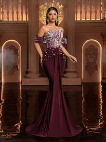 Glamrae 优雅、奢华、高端、百搭风格，珍珠亮片花卉刺绣弹力针织缎面褶皱性感无肩带美人鱼连衣裙，配有可拆卸颈带，适合婚礼、活动、派对、度假、盛会、正式场合。 - 酒紅色 - 查看 5