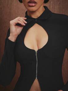 Hauture Women's Sexy Zip Front Blouse Office Wear - Black - View 5
