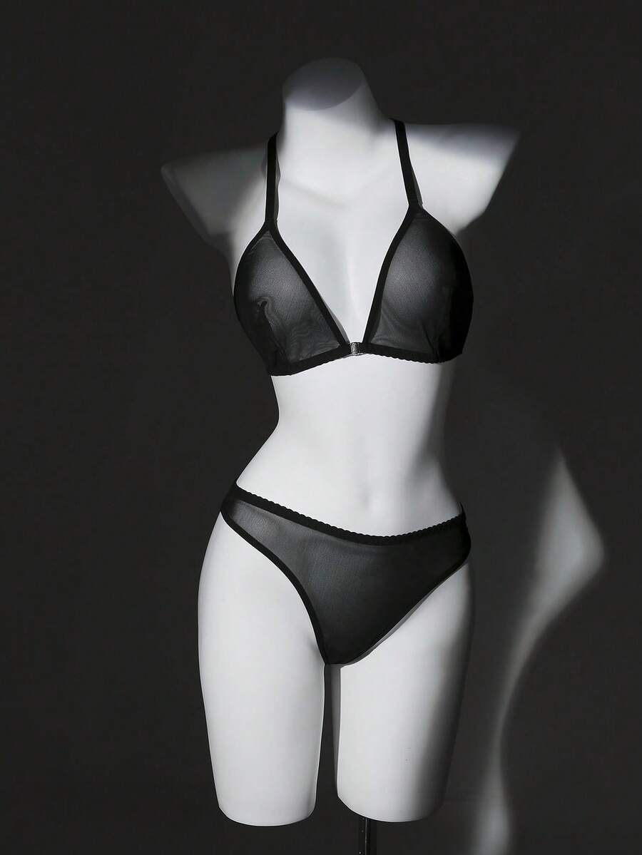 SHEIN Elacene Set de 2 sujetadores inalámbricos con cierre delantero y malla para mujer - Negro - Ver 1