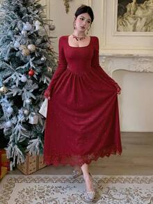 DAZY Women's Elegant Silver Lace Patchwork Mid-Length Dress, Autumn/Winter - Burgundy - View 7