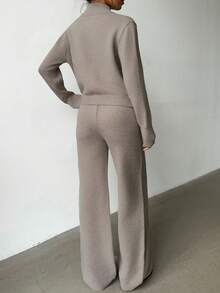 FavEase 两件套女士摩卡棕色毛衣套装，秋冬双拉链休闲时尚日常通勤运动装 - 摩卡棕 - 查看 2