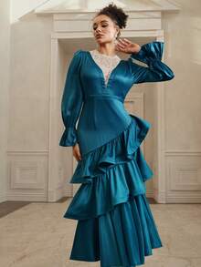 Anewsta New Elegant Vintage Contrast Lace Fishtail Hem Maxi Dress - Royal Blue - View 2