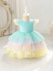 SHEIN Glamorique Kids 女婴公主裙，三色薄纱蛋糕裙，泡泡袖，缎面面料，适合生日派对、婚礼、节日等场合 - 綠色 - 查看 4