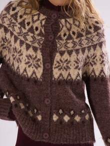 MUSERA Argyle Brushed Fluffy Knit Button Down Cardigan Autumn Fall Winter Ski Vacation  Lounge Holidays  Sweater - Coffee Brown - View 6