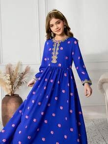 Vestido azul para niña preadolescente con ribete floral de estilo de Oriente Medio, atuendo para festival - Azul - Ver 6