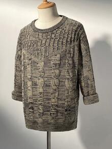Manfinity Homme Men's Casual Cable Knit Crew Neck Long Sleeve Sweater, Autumn/Winter - Khaki - View 8