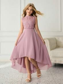 Đầm voan ren phối họa tiết, dáng dài ngang gối, chất liệu chiffon, vạt bất đối xứng, thích hợp cho bé gái cầm hoa và phù dâu nhí, dự tiệc cưới, dạ hội, sinh nhật, ngày Valentine. - Hồng - Xem 6