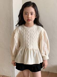 DAZY 女童麻花针织扭花拼接纯色长袖毛衣，秋冬款 - 米色 - 查看 3