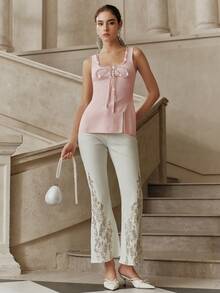 Anewsta Savoree Áo dệt kim/áo thun nữ không tay dáng lửng, cổ vuông, đính nơ và đá lấp lánh, xẻ tà, kiểu dáng thanh lịch, thích hợp cho mùa hè. - Hồng - Xem 5