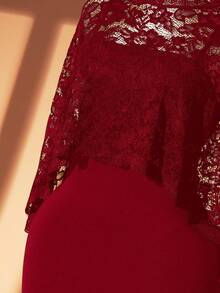 SHEIN Clasi 加大码女士派对蕾丝披肩及紧身连衣裙两件套，黑色 - 酒紅色 - 查看 8