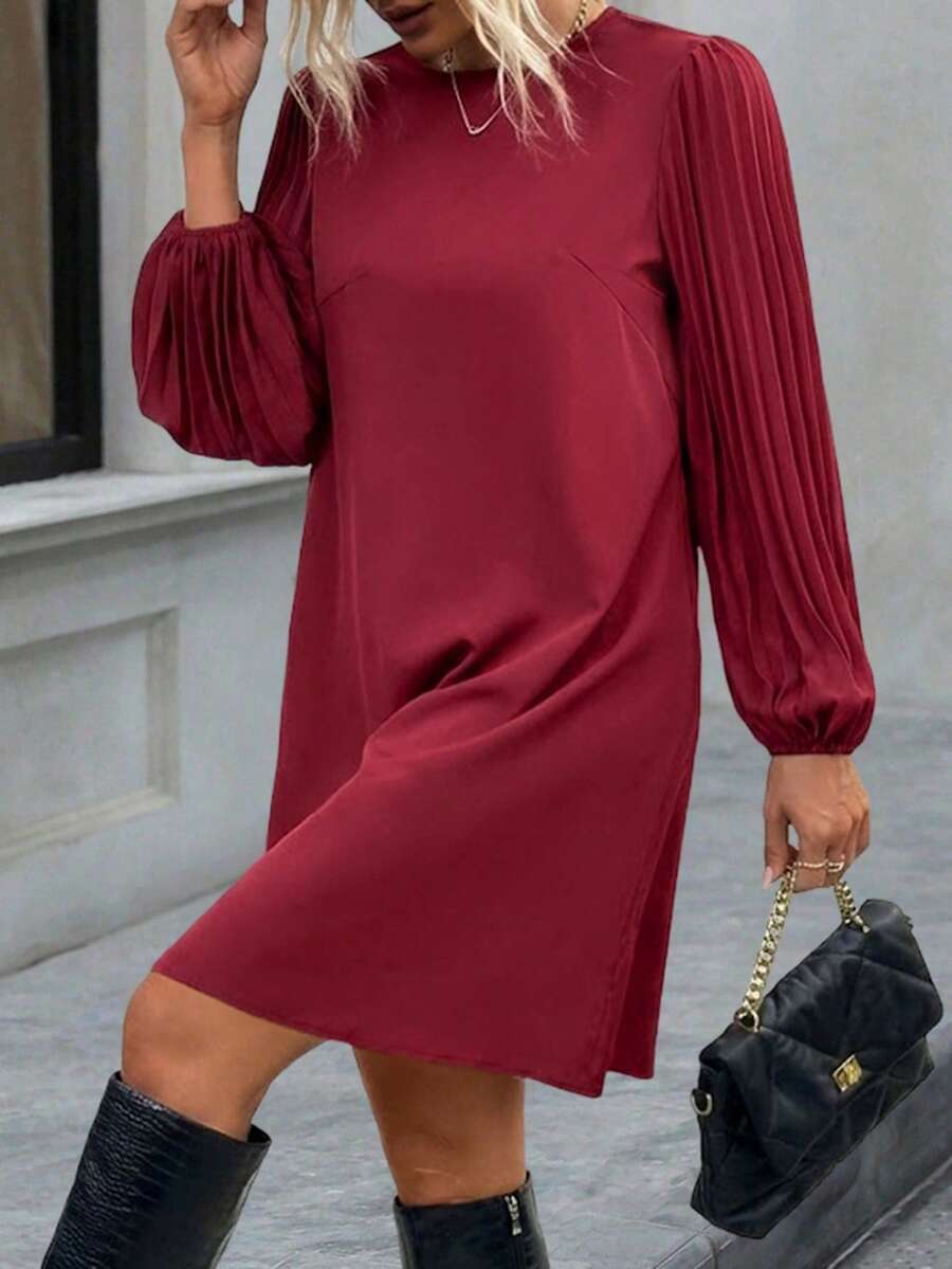 EMERY ROSE Gaun Lengan Panjang Berlipit Warna Polos untuk Kasual/Perjalanan Musim Gugur Ukuran Plus - Burgundy - View 1