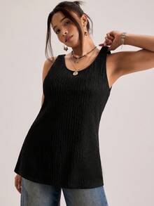 SHEIN VCAY Plus Size Padded Seamless Camisole For Women, Black, Sleeveless, Crop Top, Suitable For Spring - Black - View 4