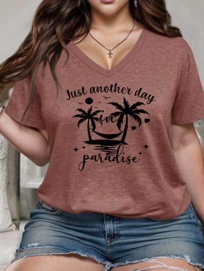 EMERY ROSE Camiseta de verano de talla grande con cuello en V informal, con estampado gráfico de árboles de coco y atardecer para mujeres