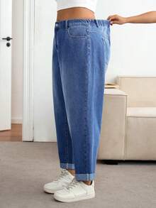 Lounesse 大码女式口袋锥形休闲宽松牛仔裤，大码牛仔裤，曲线锥形牛仔裤，大码卷边牛仔裤，松紧腰牛仔裤，大码休闲牛仔裤，大码妈妈牛仔裤，曲线宽松版型牛仔裤 - 藍色 - 查看 4