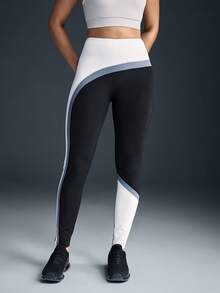 Powerista 撞色拼接修身高腰休闲透气健身紧身裤 - 黑與白 - 查看 4