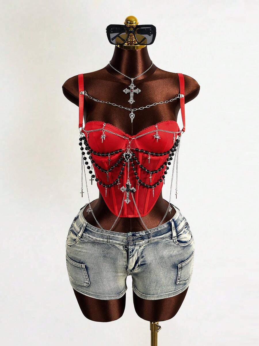 BamGleam Women's Sexy Punk Rivet Chain Strap Camisole - Red - View 1