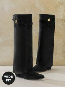 SHUZIA 女士宽筒过膝仿麂皮翻边尖头坡跟靴