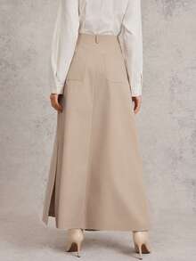 L'Amorae 女士中长款开衩宽裙 商务休闲办公室复古款 - 卡其色 - 查看 5