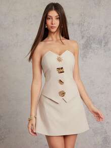 L'Amorae Women Strapless Vest Gold Asymmetrical Ornament Button Mini A-Line Dress Business Casual Old Money - Apricot - View 5