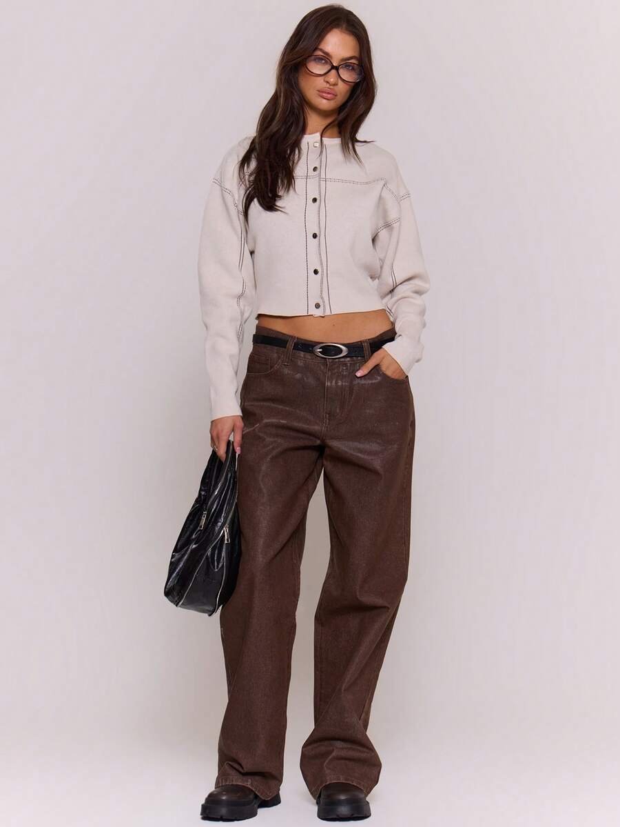 MUSERA Áo len cổ tròn cài khuy phía trước, ôm eo, phối đường chỉ tương phản, thích hợp cho mùa đông, đi chơi tối, phong cách đường phố, dễ thương, đi học, gợi cảm, dáng rộng, mùa xuân. - Kem - Xem 1