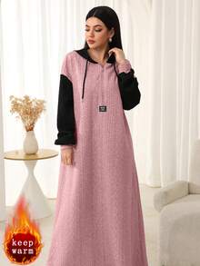 Mulvari Váy dài thời trang có mũ trùm đầu, chất liệu vải kết cấu, khóa kéo kim loại phía trước dành cho nữ, mùa thu/đông - Hồng - Xem 3