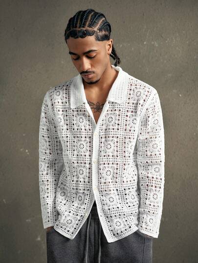 AXEPEAK Cardigã masculino de manga comprida com gola dobrável em jacquard, modelo versátil para uso diário.