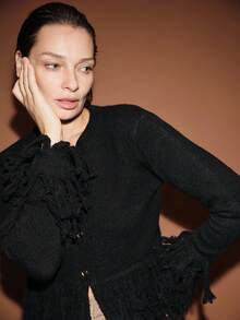 Lumivelle 女士休闲圆领金属扣流苏长袖开衫毛衣 - 黑色 - 查看 5