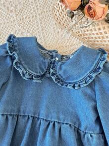 SHEIN 1pc Baby Girls Peter Pan Collar Long Sleeve Lantern Sleeve Denim Bodysuit,Vintage Washed Blue Cute Holiday Autumn Bodysuit With Snap Crotch For Daily - Light Wash - View 4