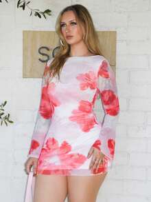 Arliah Women's Floral Open Back Mesh Mini Dress,Trumpet Sleeve Valentine's Day Dress,Positioning Flower Dress,Low-Back Mini Dress,Holiday Dresses, Beach Vacation Large Floral Print Dresses ,Mesh Sleeve Mini Dress,Commuting, Elegant, Sexy, Vacation, Beach, Hawaii, Romance, Dating, Party, Concert, Performance Costume, Wedding Season, Back To School Season, Valentine's Day,Summer Dresses Spring Clothes - Multicolor - View 3