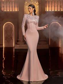 Glamrae Sang trọng, lãng mạn, cao cấp, màu hồng sen, chất liệu co giãn, đính đá lấp lánh, tay dài, dáng đuôi cá, thướt tha, thời trang, thích hợp cho lễ hội, kỳ nghỉ, tiệc sinh nhật, đám cưới, dạ hội (phiên bản cao cấp) - Bụi hồng - Xem 4