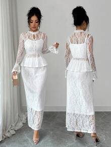 Elenzga Women's Elegant Lace Flare Sleeve Waist Fitted Top And Straight Hem Skirt 2 Pieces Set - White - View 1