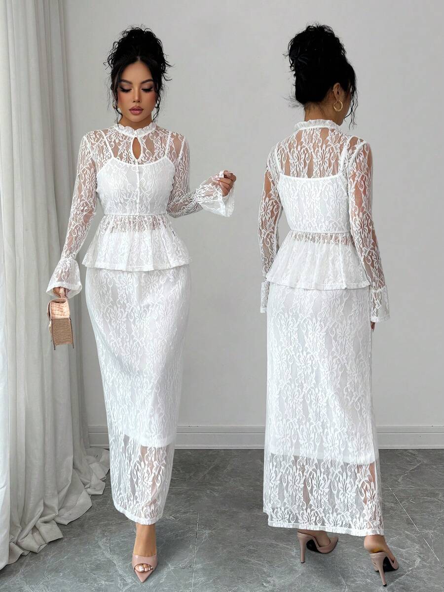 Elenzga Women's Elegant Lace Flare Sleeve Waist Fitted Top And Straight Hem Skirt 2 Pieces Set - White - View 1
