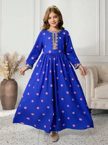 Vestido azul para niña preadolescente con ribete floral de estilo de Oriente Medio, atuendo para festival - Azul - Ver 5