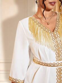 Elenzga 情人节女士加大码V领中长袖荷叶边流苏装饰独特设计优雅中长连衣裙 - 白色 - 查看 5