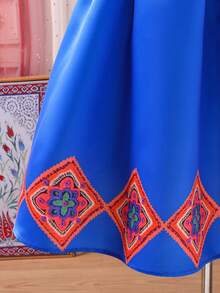 Tween Girls Floral Print Puff Sleeve Round Neck Blue Casual Dress - Blue - View 4