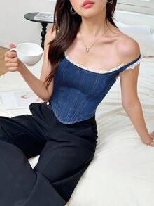 K-Vae Women's Dark Blue Ruffled Denim Top, Elegant Casual Lace Zipper Denim Top, Sexy Denim Vest - Medium Wash - View 1