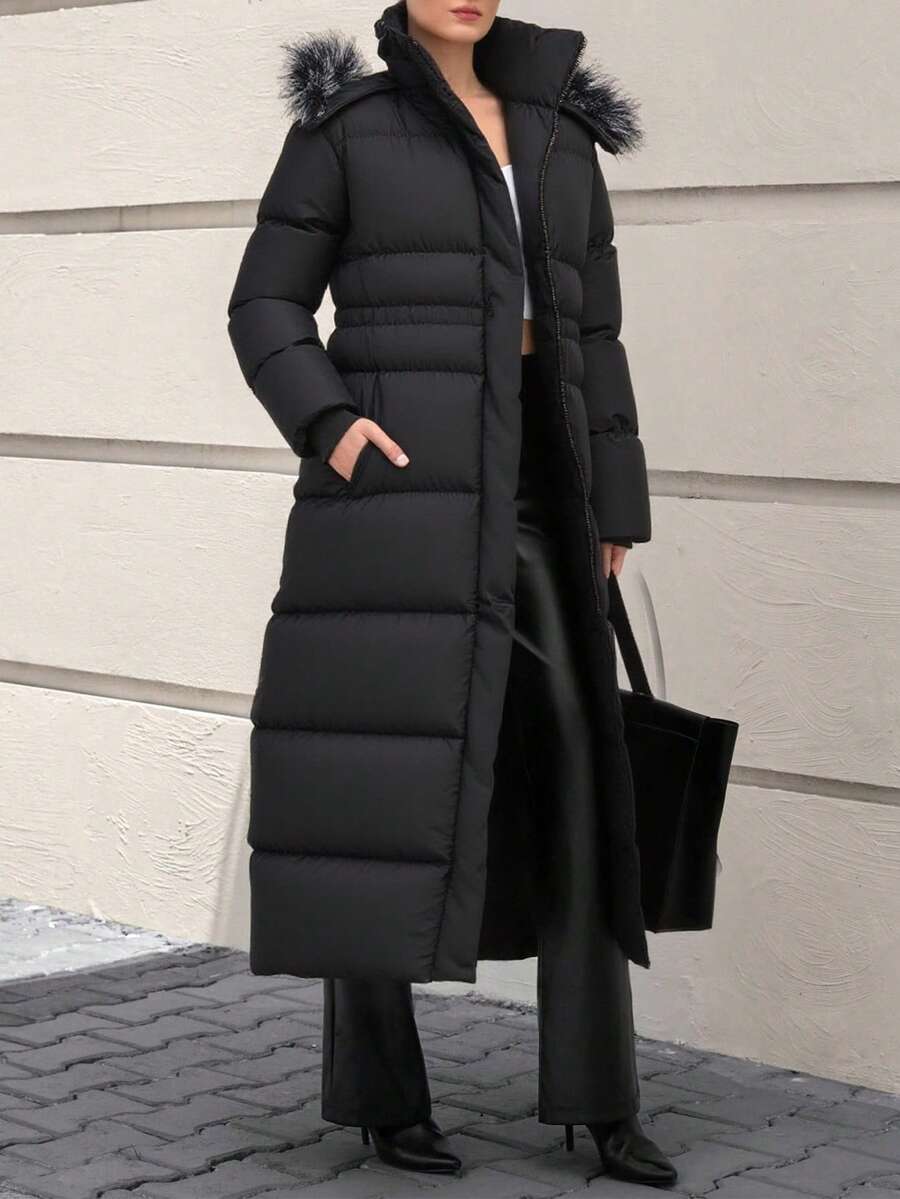 CLARA VERO Women Fake Fur Hooded Long Winter Coat - Black - View 1